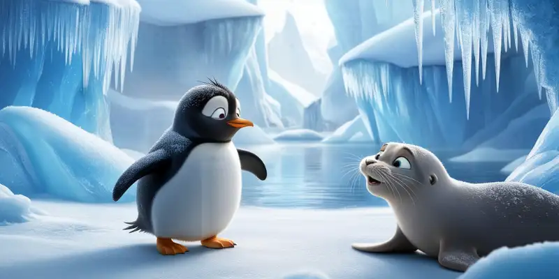 penguin and icebergs.