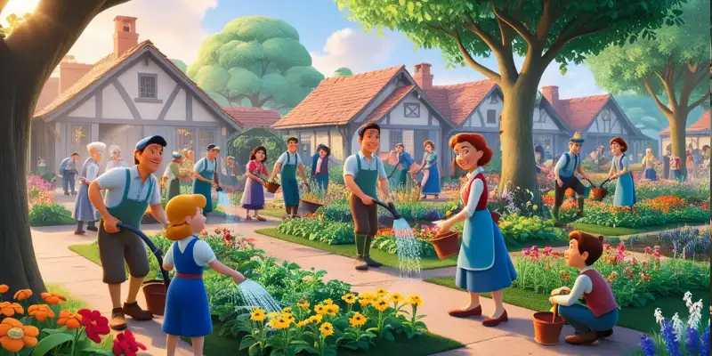 villagers arriving in garden
